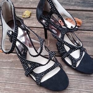 Michael Kors women's black leather beaded back zip 4.5" stiletto heel sandal. Sz
